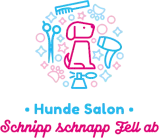 Logo with dog and hair dryer, representing Schnipp Schnapp Fell Ab website and Hunde Salon, with graphic design and text elements